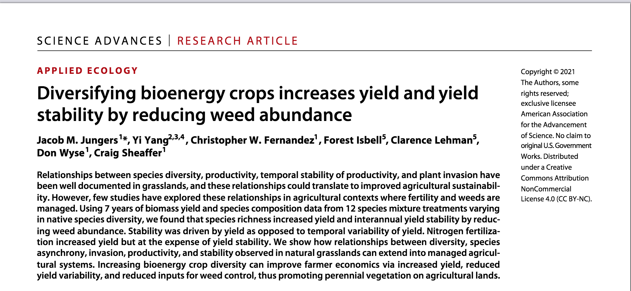 Species diversity affects weeds and yield stability